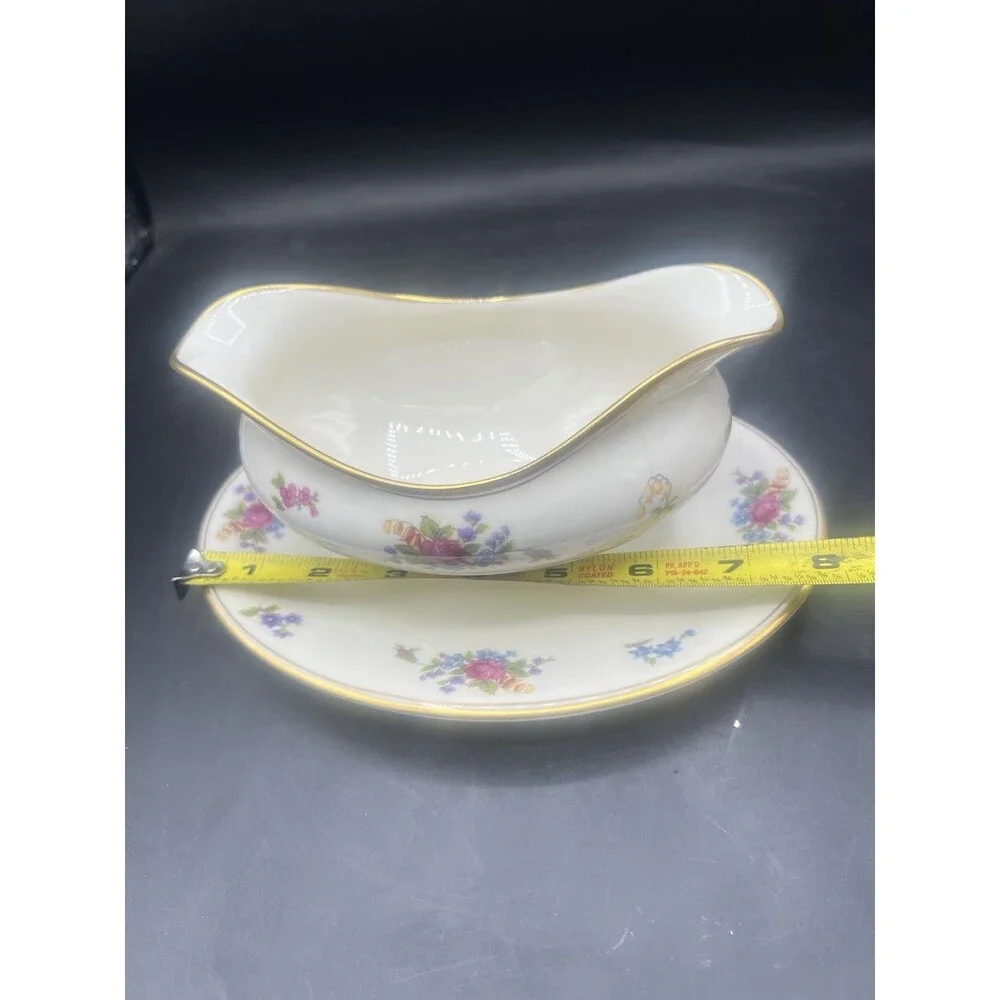 Vintage Lamberton Rose of Lamberton Gravy Boat Underplate Gold Trim Floral China